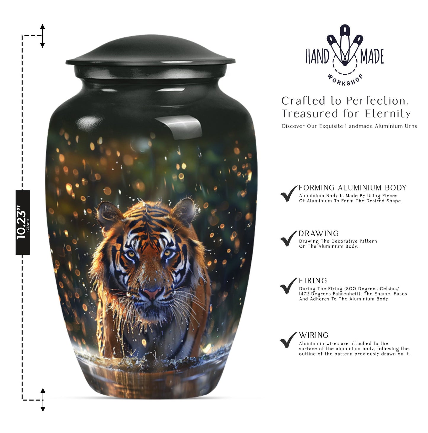 10-inch classic aluminium tiger urn with flower theme.