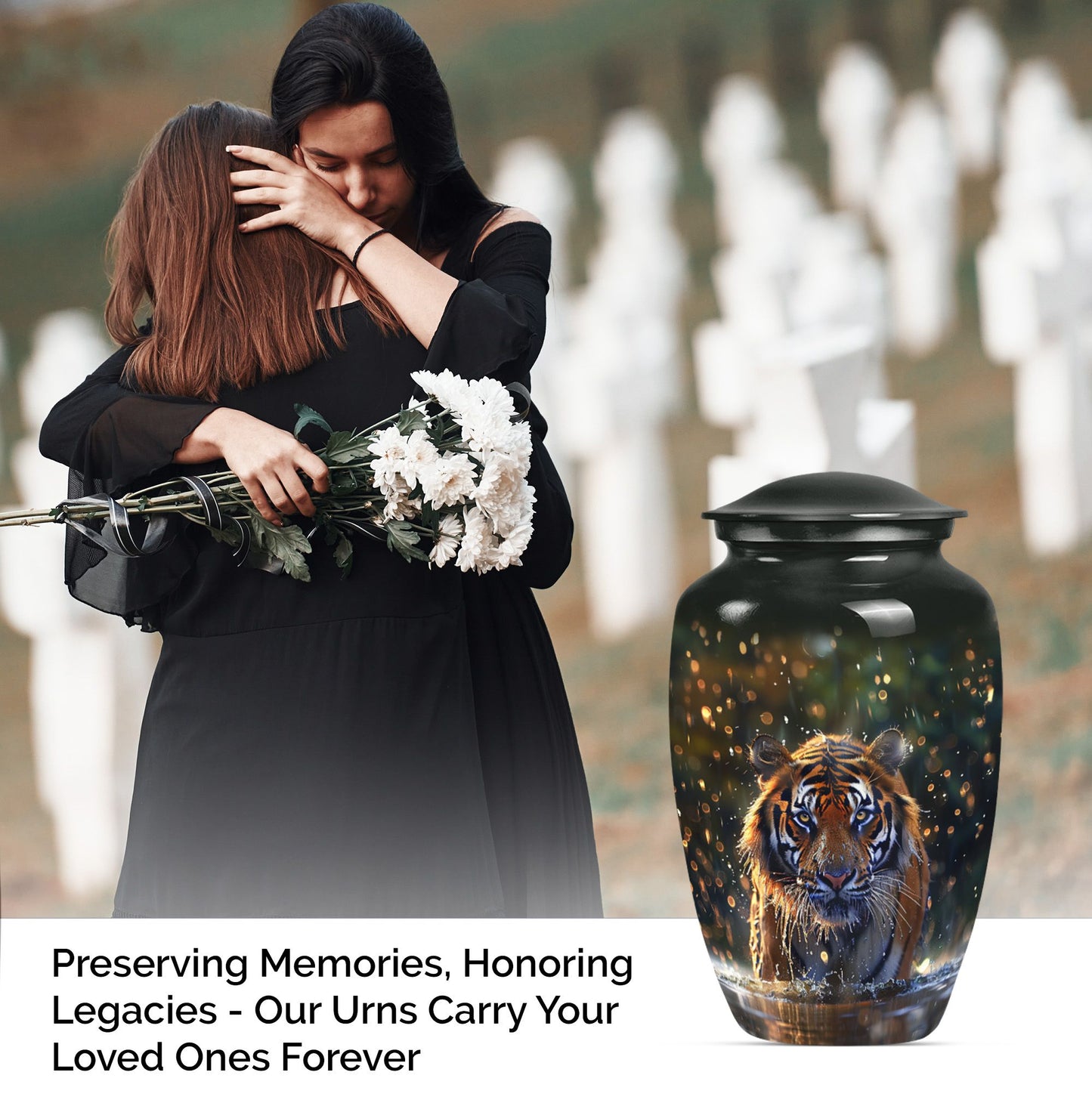 10-inch classic aluminium tiger urn with flower theme.