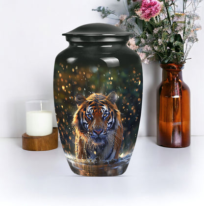 10-inch classic aluminium tiger urn with flower theme.