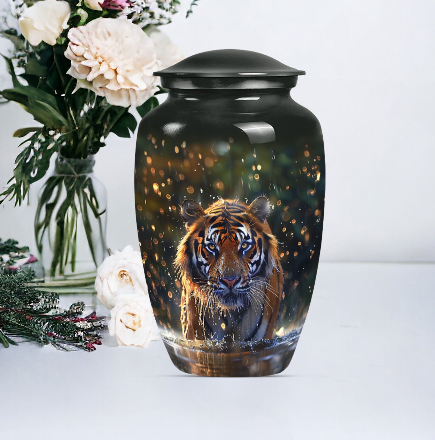 10-inch classic aluminium tiger urn with flower theme.