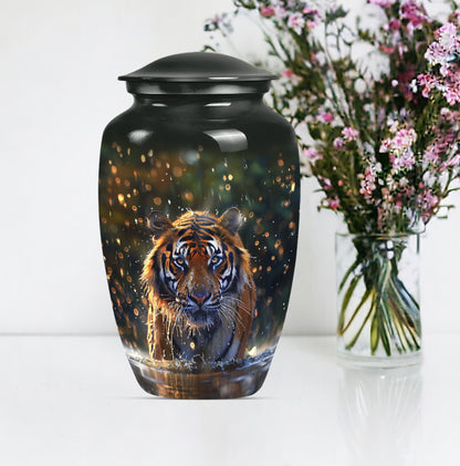 10-inch classic aluminium tiger urn with flower theme.