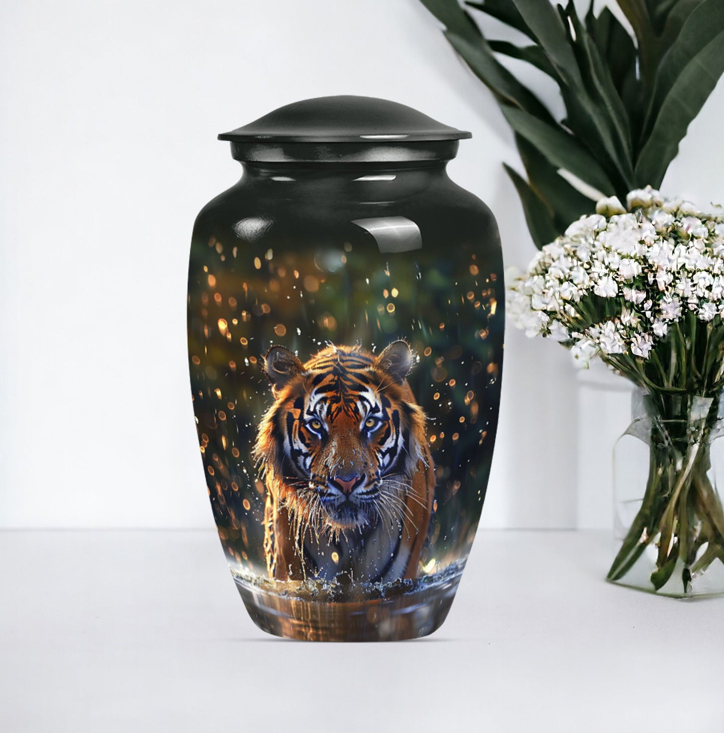 10-inch classic aluminium tiger urn with flower theme.