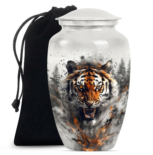 10-inch classic aluminium tiger urn with floral theme.