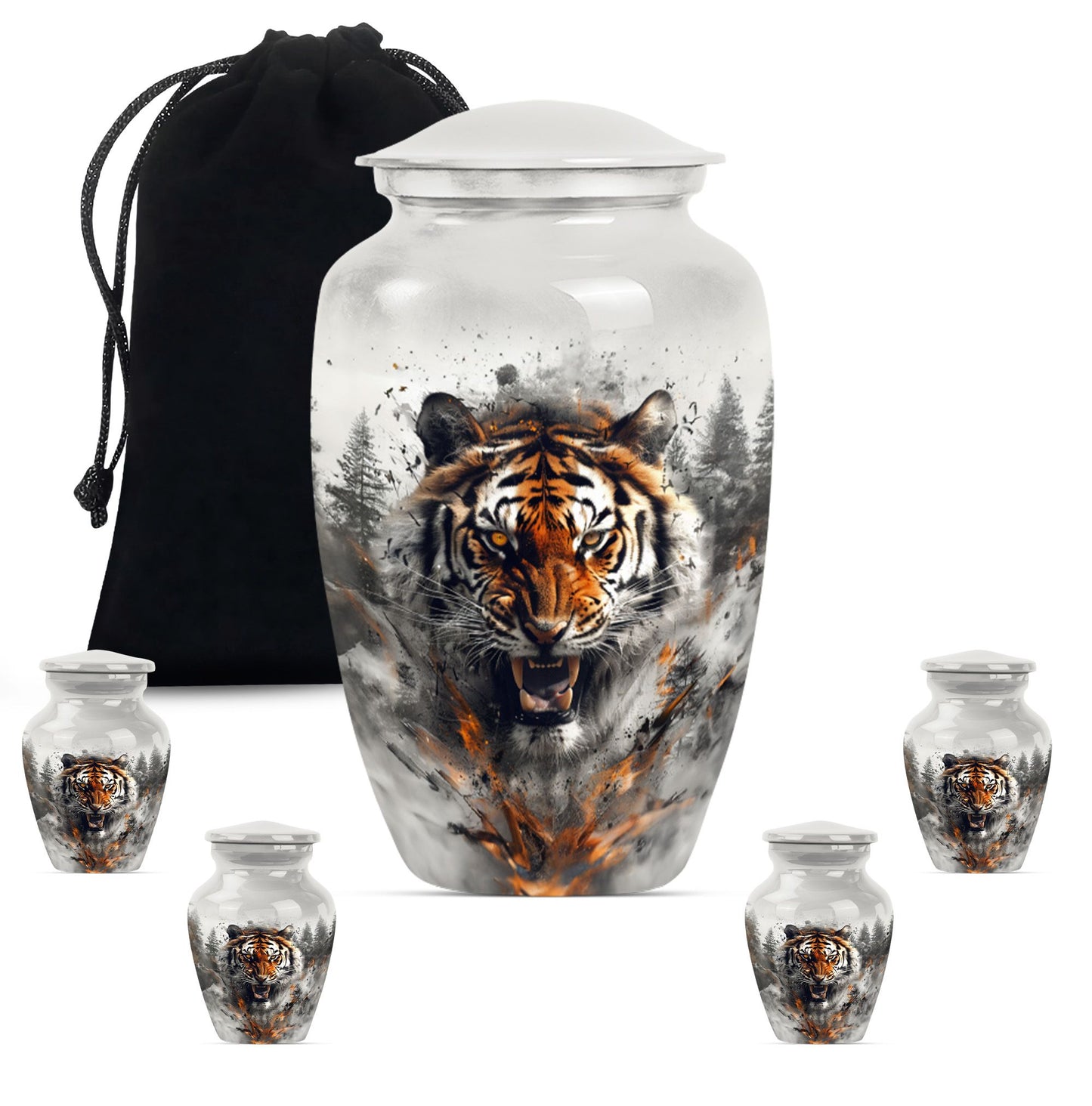 10-inch classic aluminium tiger urn with floral theme.