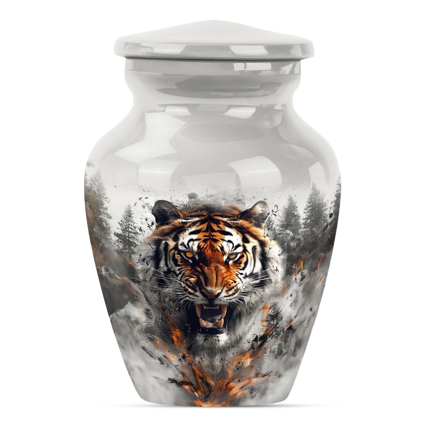 10-inch classic aluminium tiger urn with floral theme.
