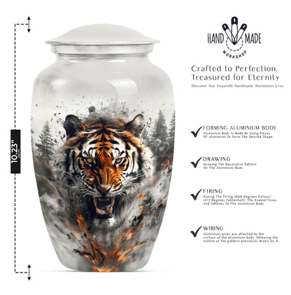 10-inch classic aluminium tiger urn with floral theme.