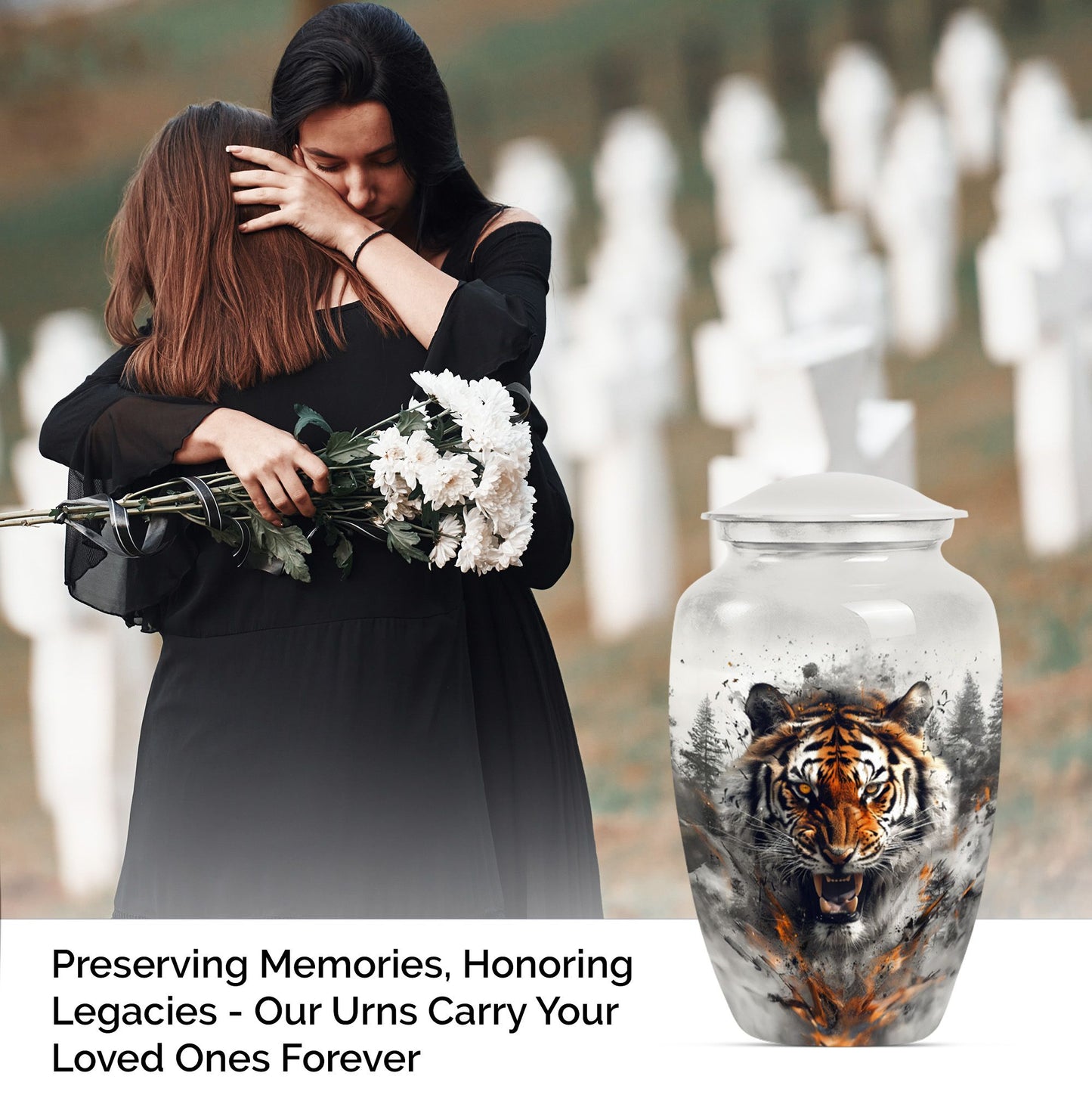 10-inch classic aluminium tiger urn with floral theme.