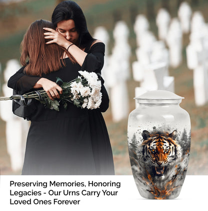 10-inch classic aluminium tiger urn with floral theme.