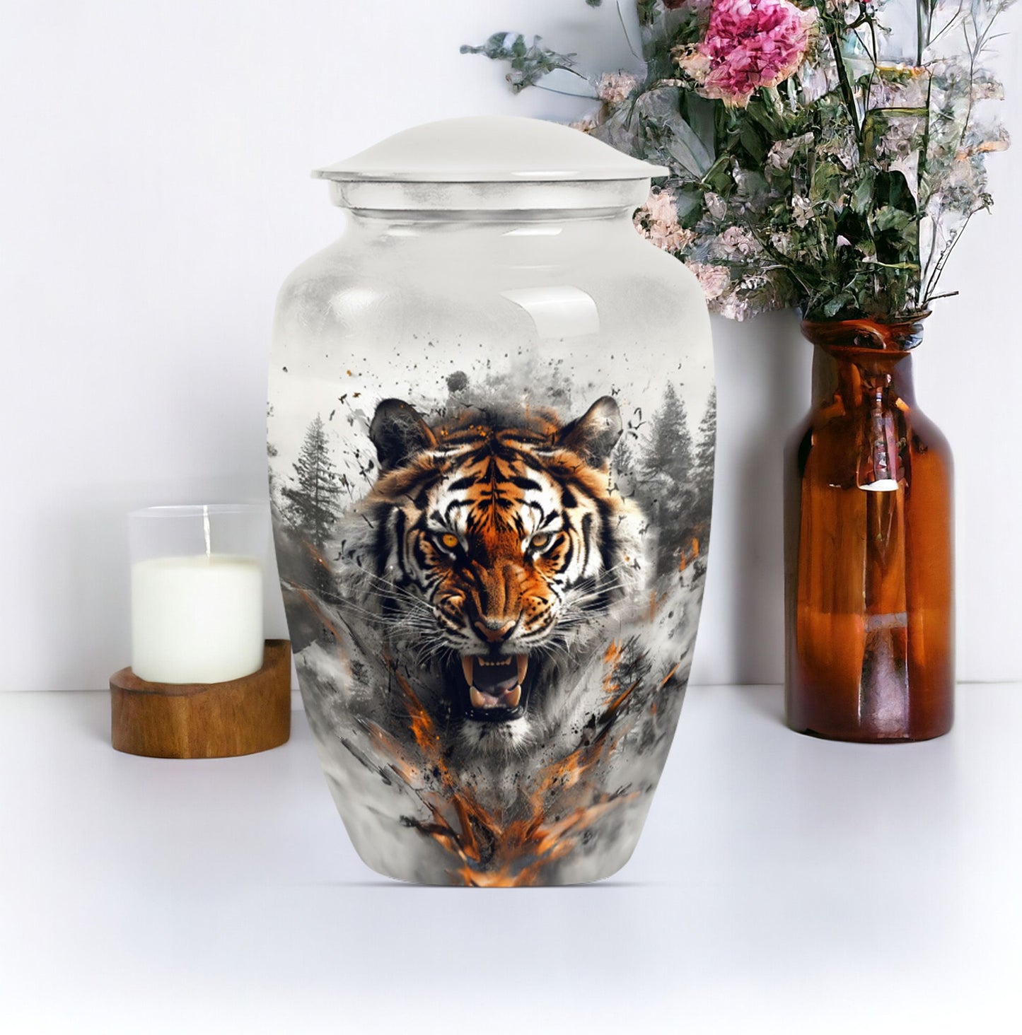 10-inch classic aluminium tiger urn with floral theme.