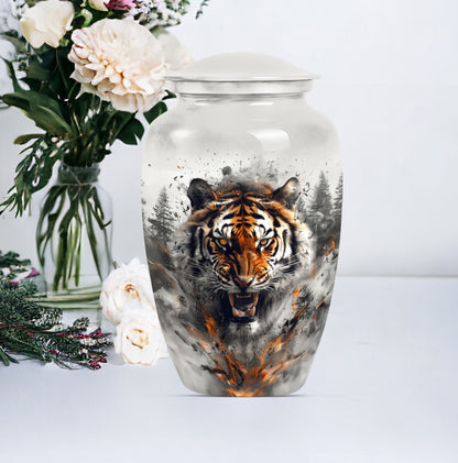 10-inch classic aluminium tiger urn with floral theme.