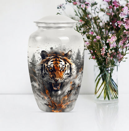 10-inch classic aluminium tiger urn with floral theme.