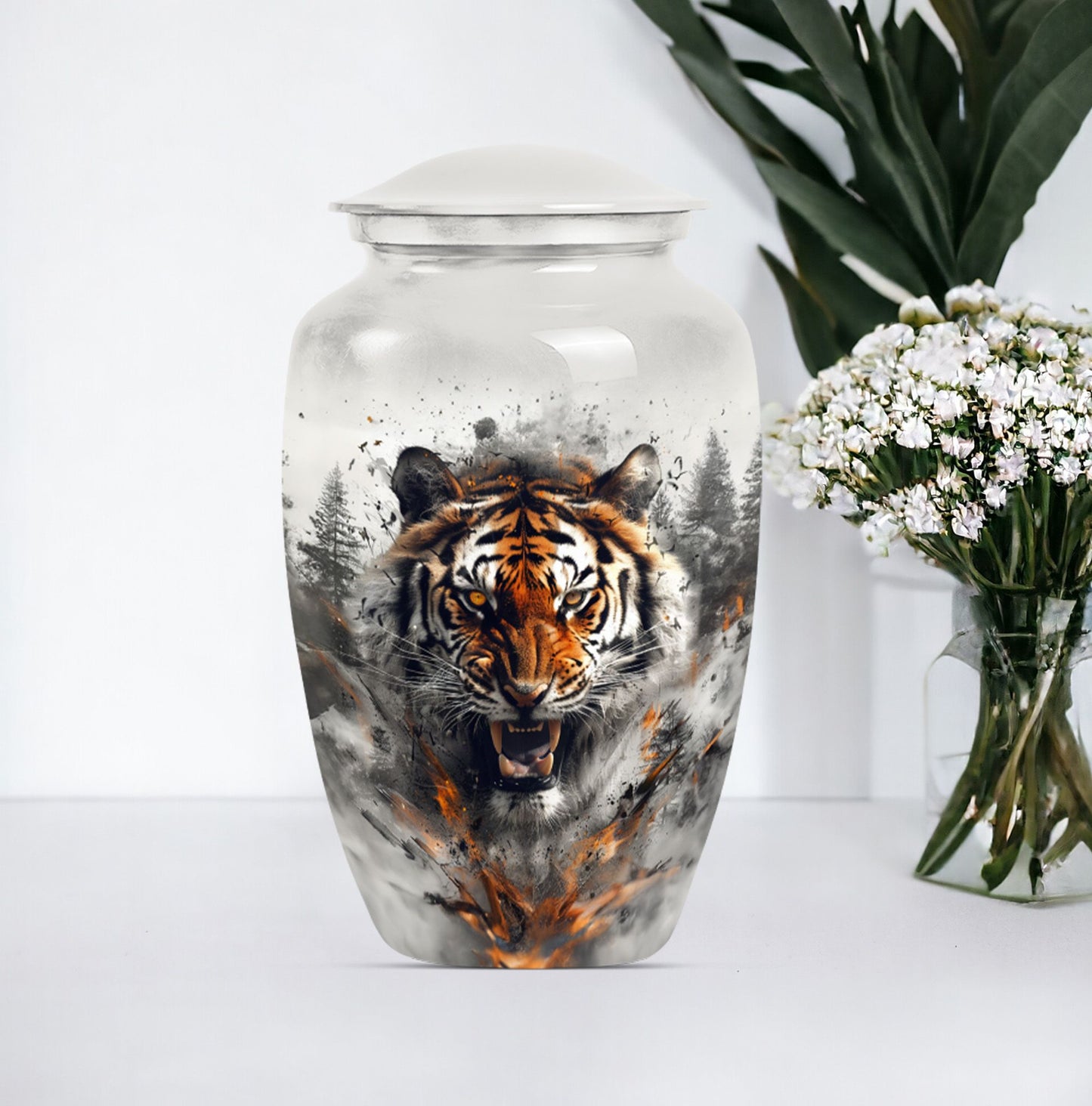 10-inch classic aluminium tiger urn with floral theme.