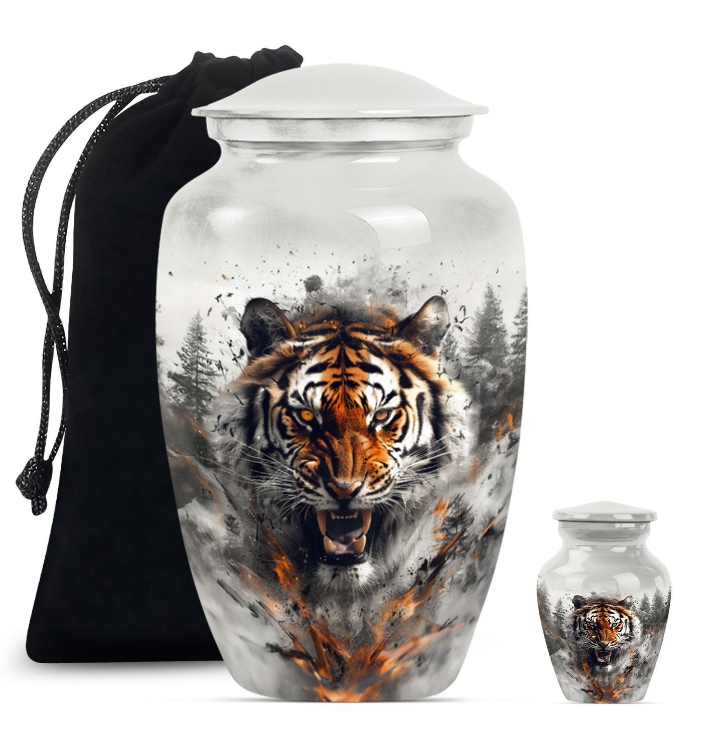 10-inch classic aluminium tiger urn with floral theme.