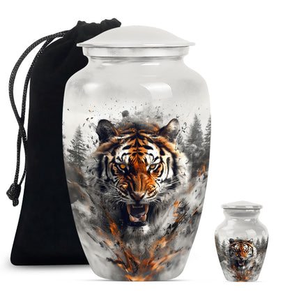 10-inch classic aluminium tiger urn with floral theme.
