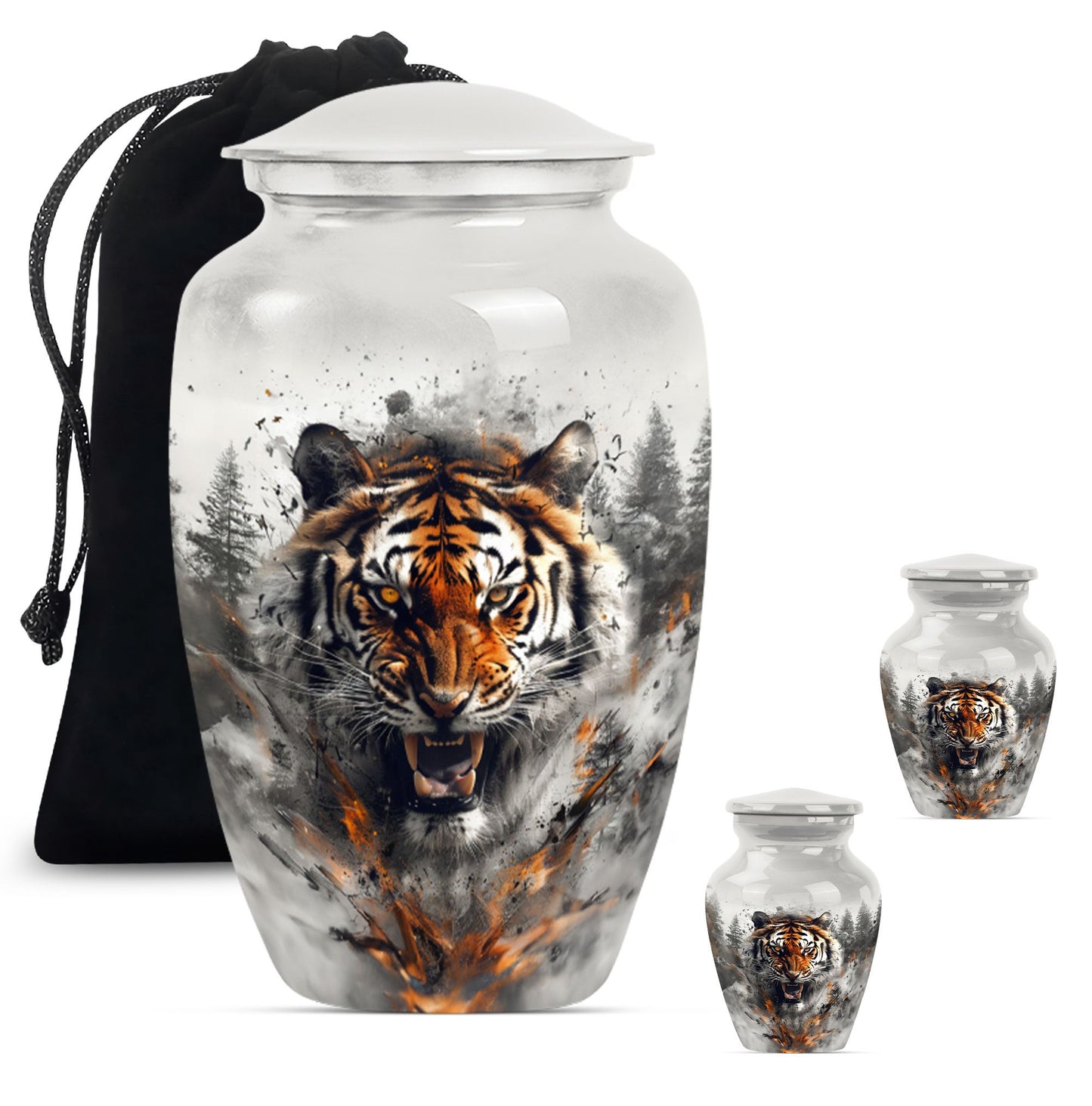 10-inch classic aluminium tiger urn with floral theme.
