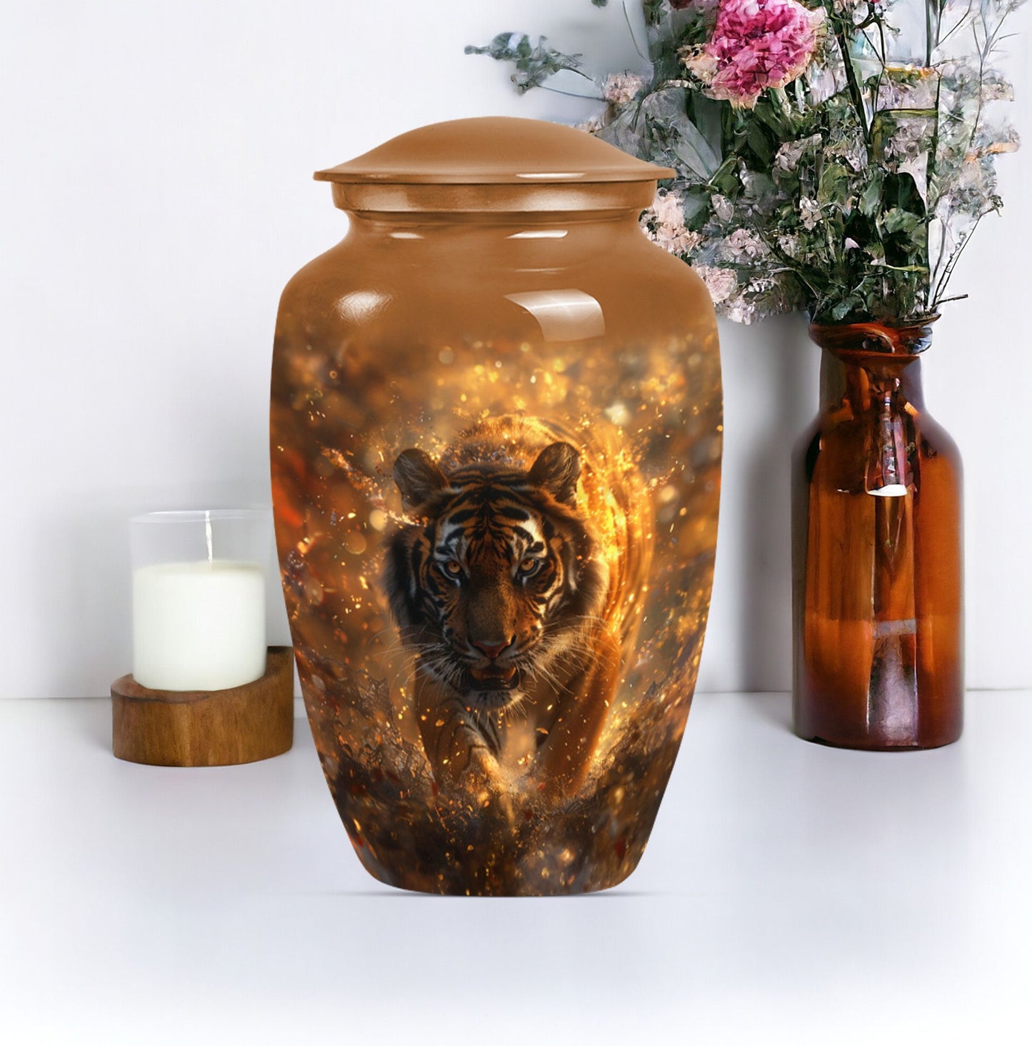 tiger urn with flower theme, personalized memorial urn 