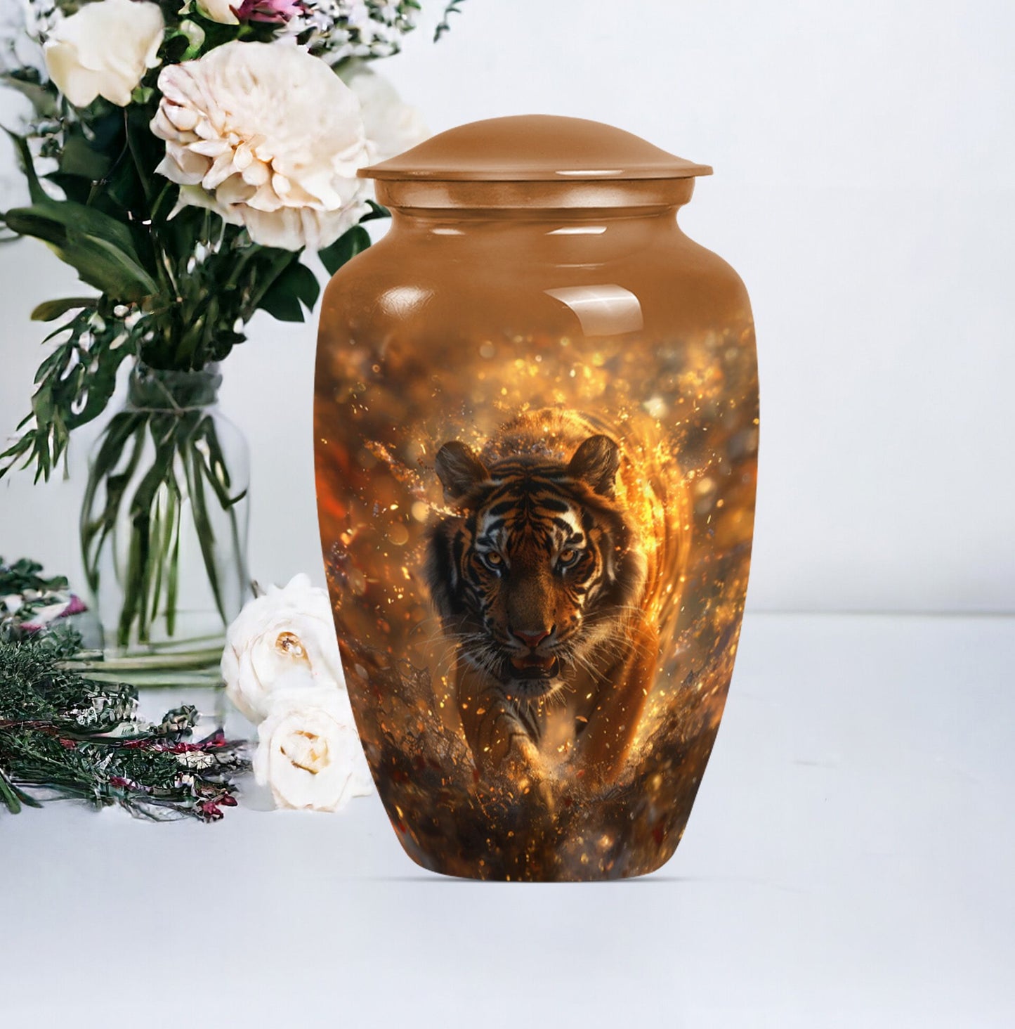 tiger urn with flower theme, personalized memorial urn 