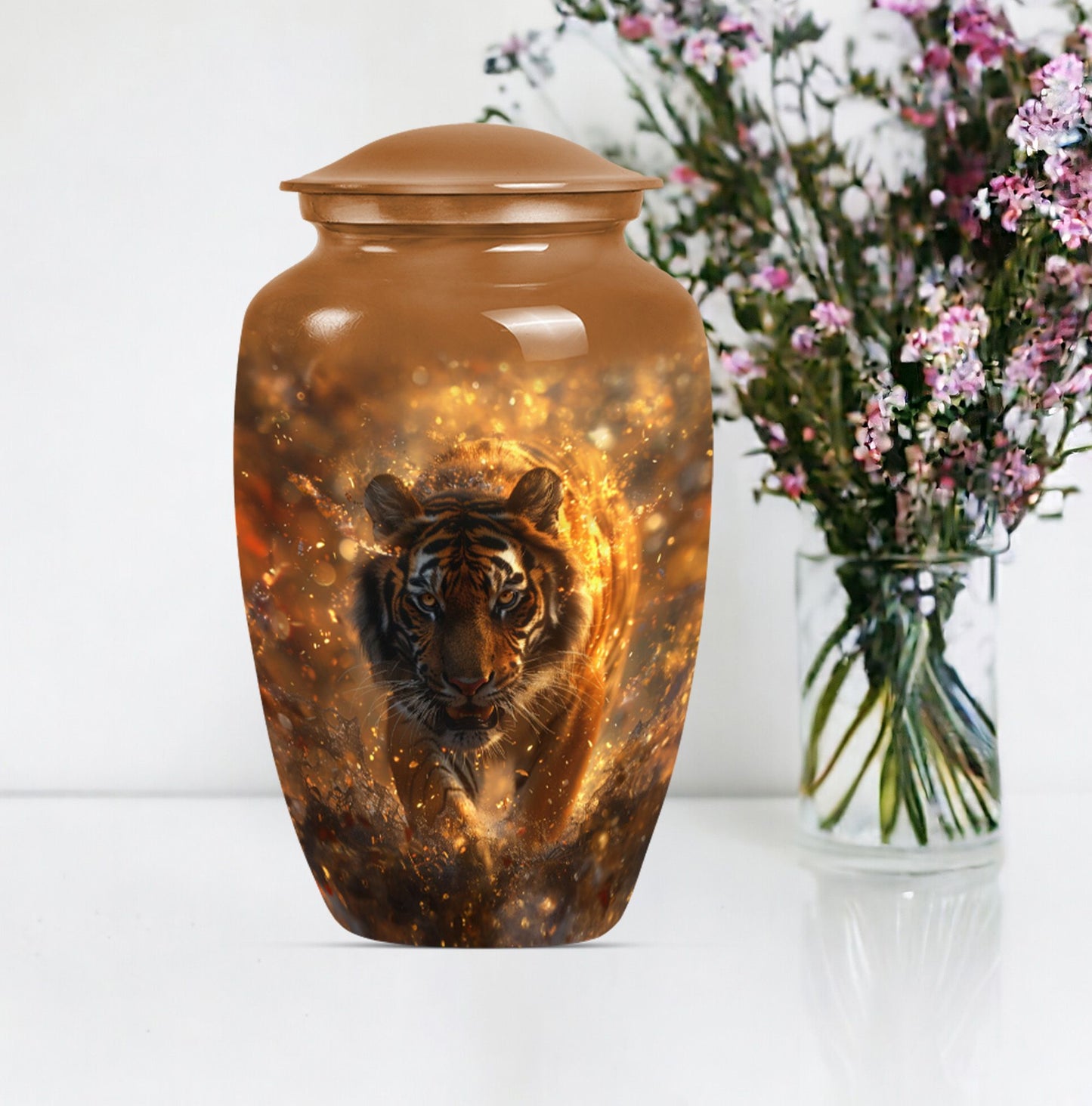 tiger urn with flower theme, personalized memorial urn 