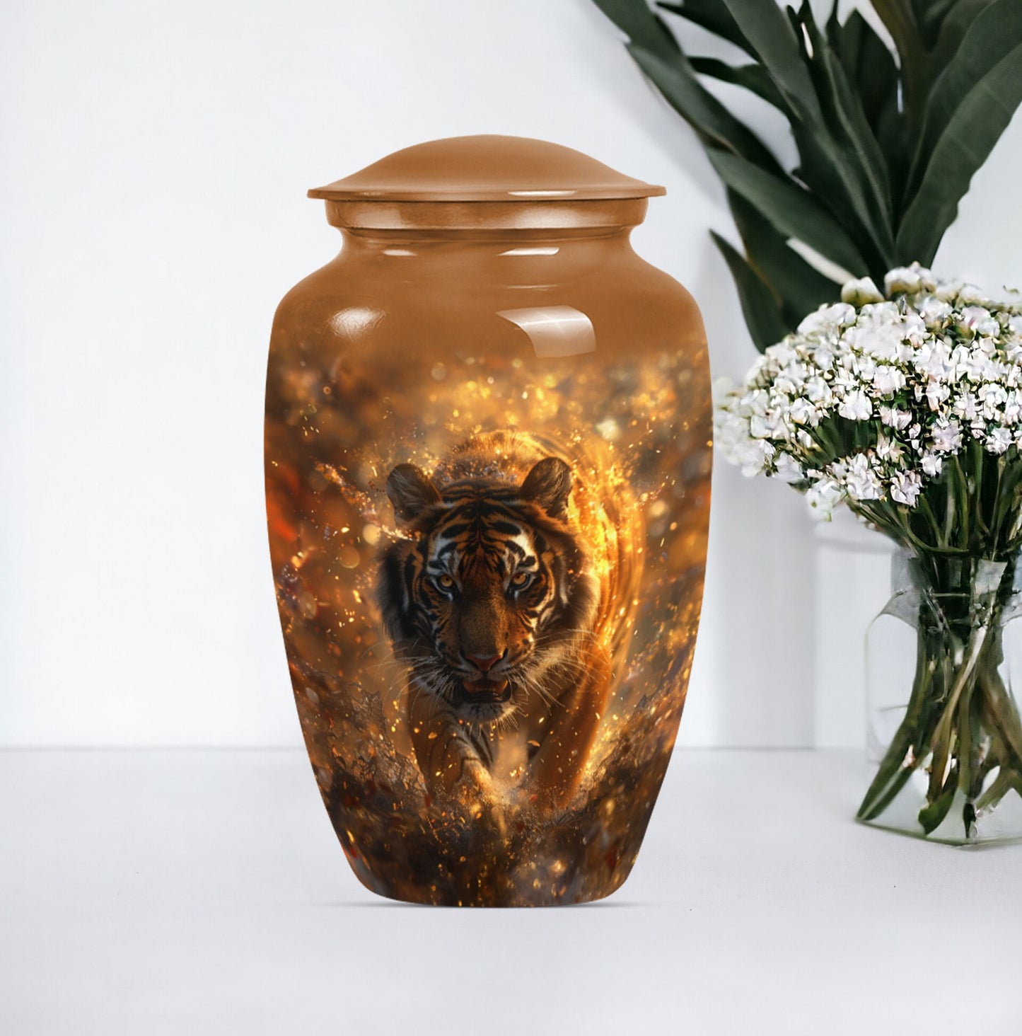 tiger urn with flower theme, personalized memorial urn 