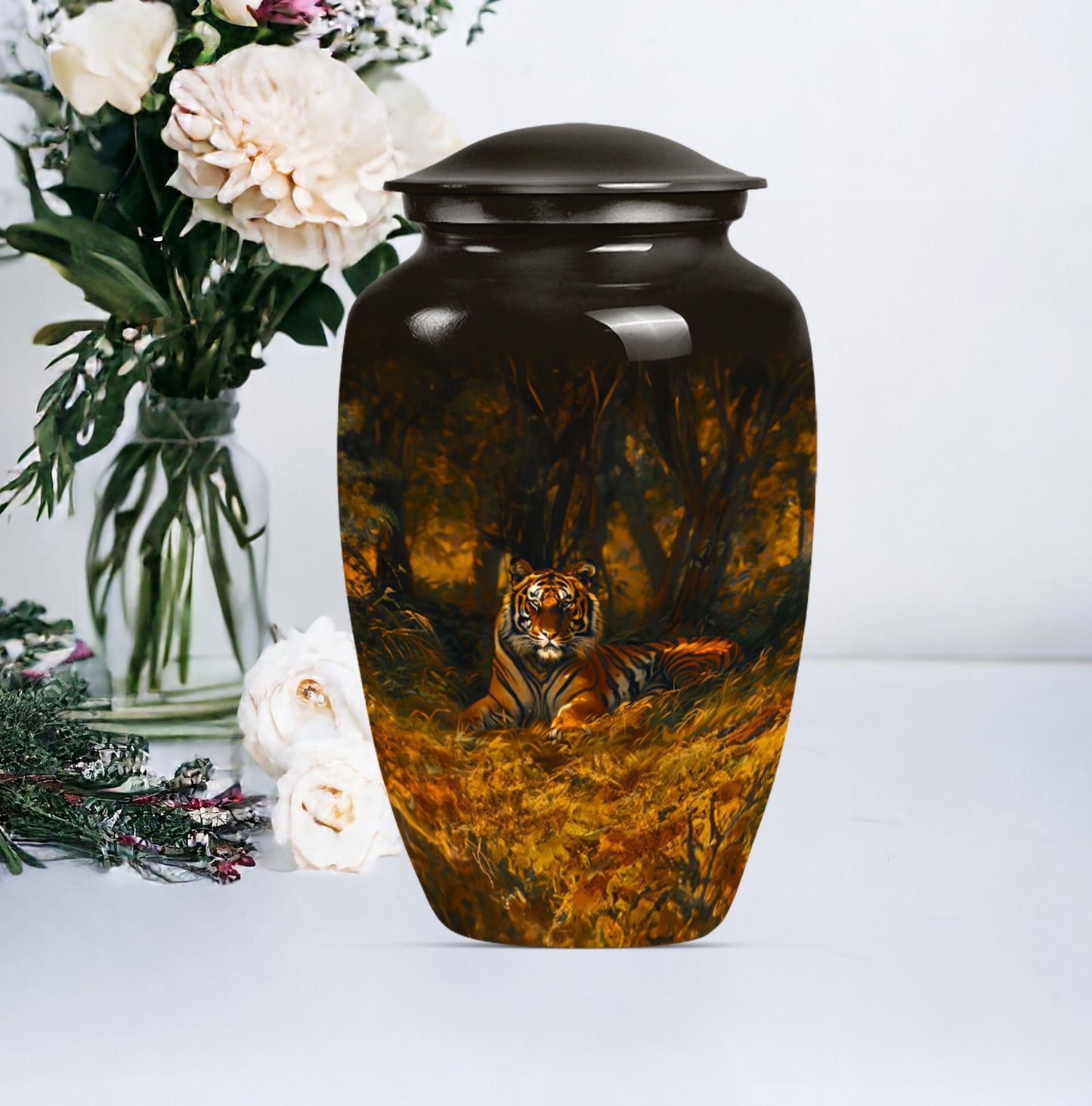 A 10-inch classic tiger urn with a flower theme.