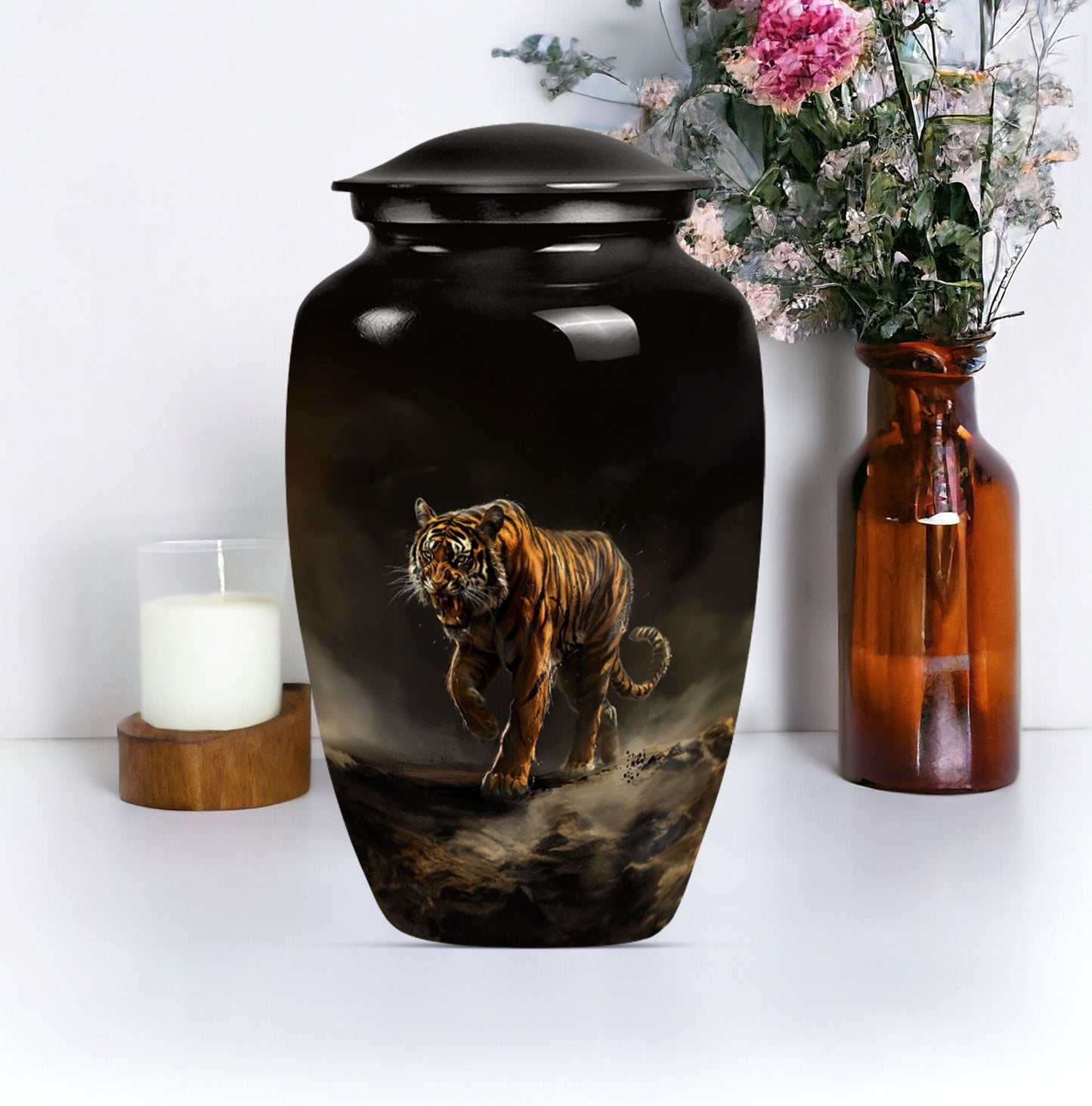 10-inch classic tiger urn with floral design.
