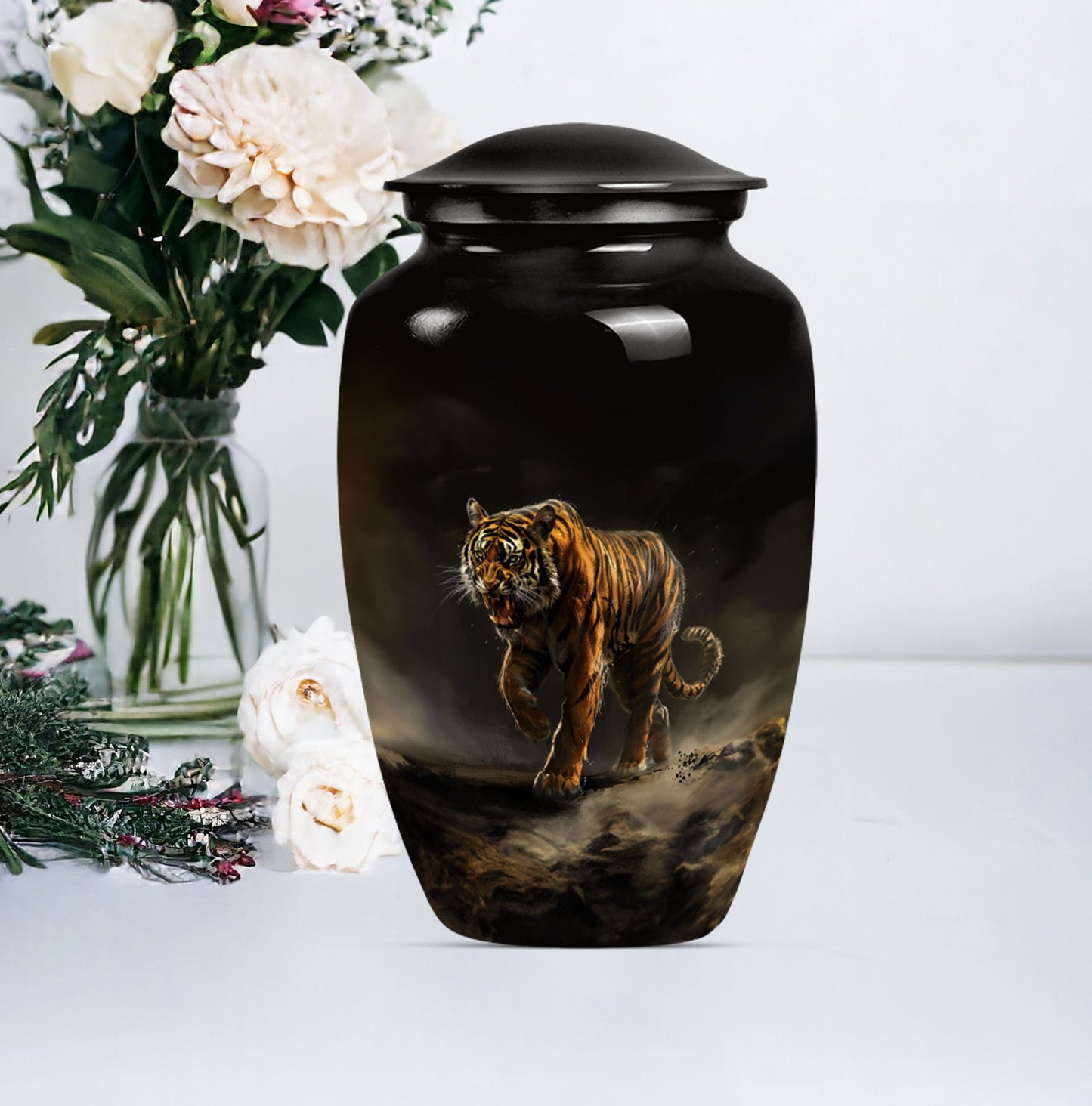 10-inch classic tiger urn with floral design.