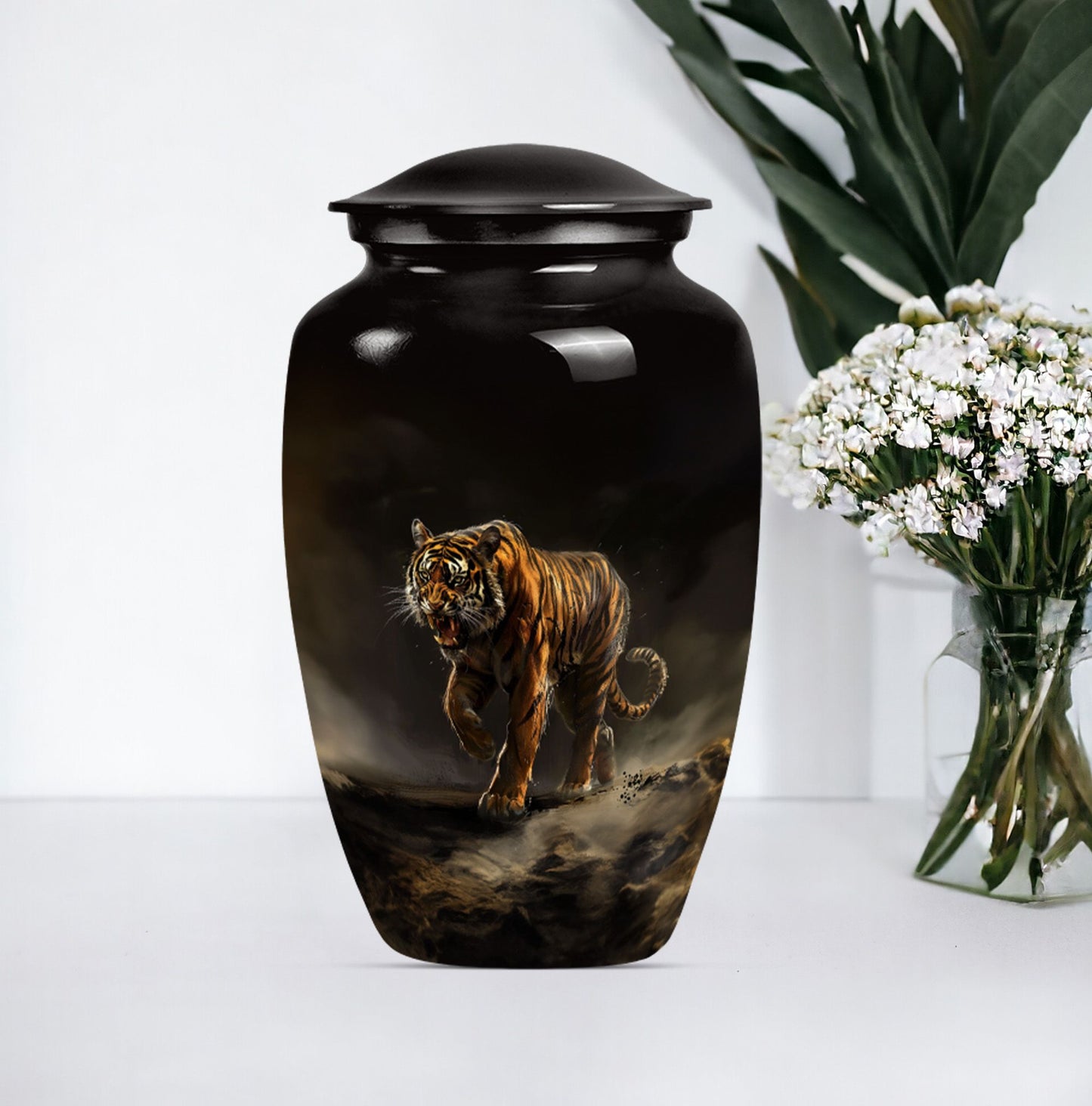 10-inch classic tiger urn with floral design.