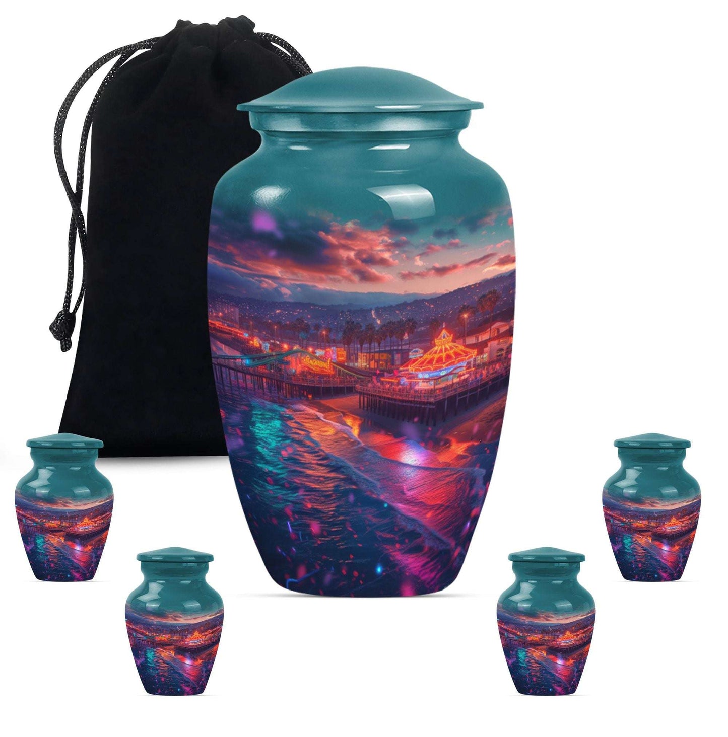 Beach Theme Large Urn With 4 Keepsake Urn