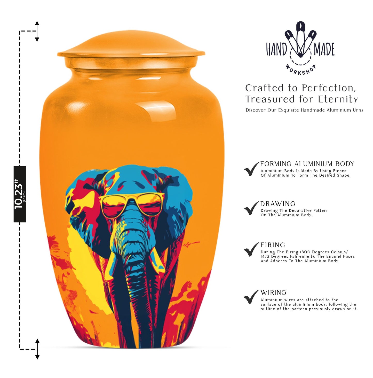 Elephant-themed memorial urn, classic 10 inch.