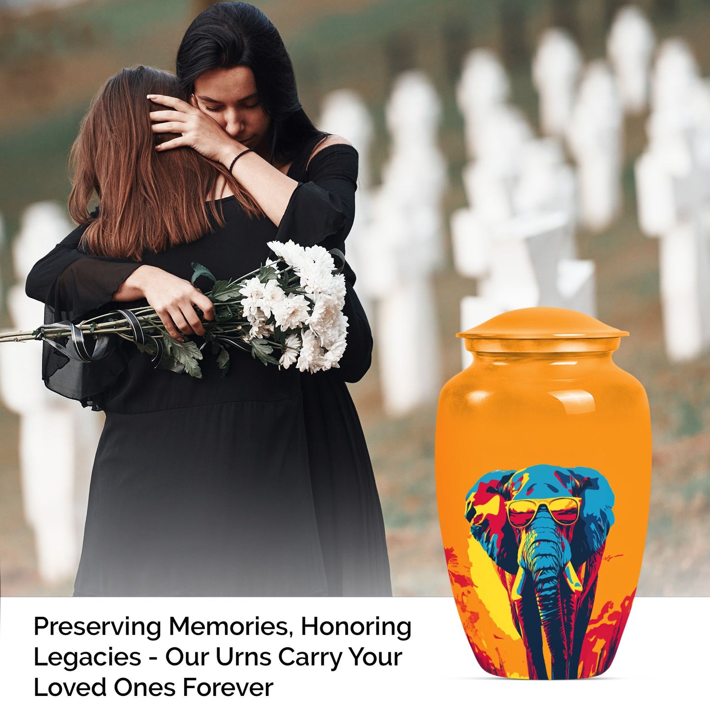 Elephant-themed memorial urn, classic 10 inch.