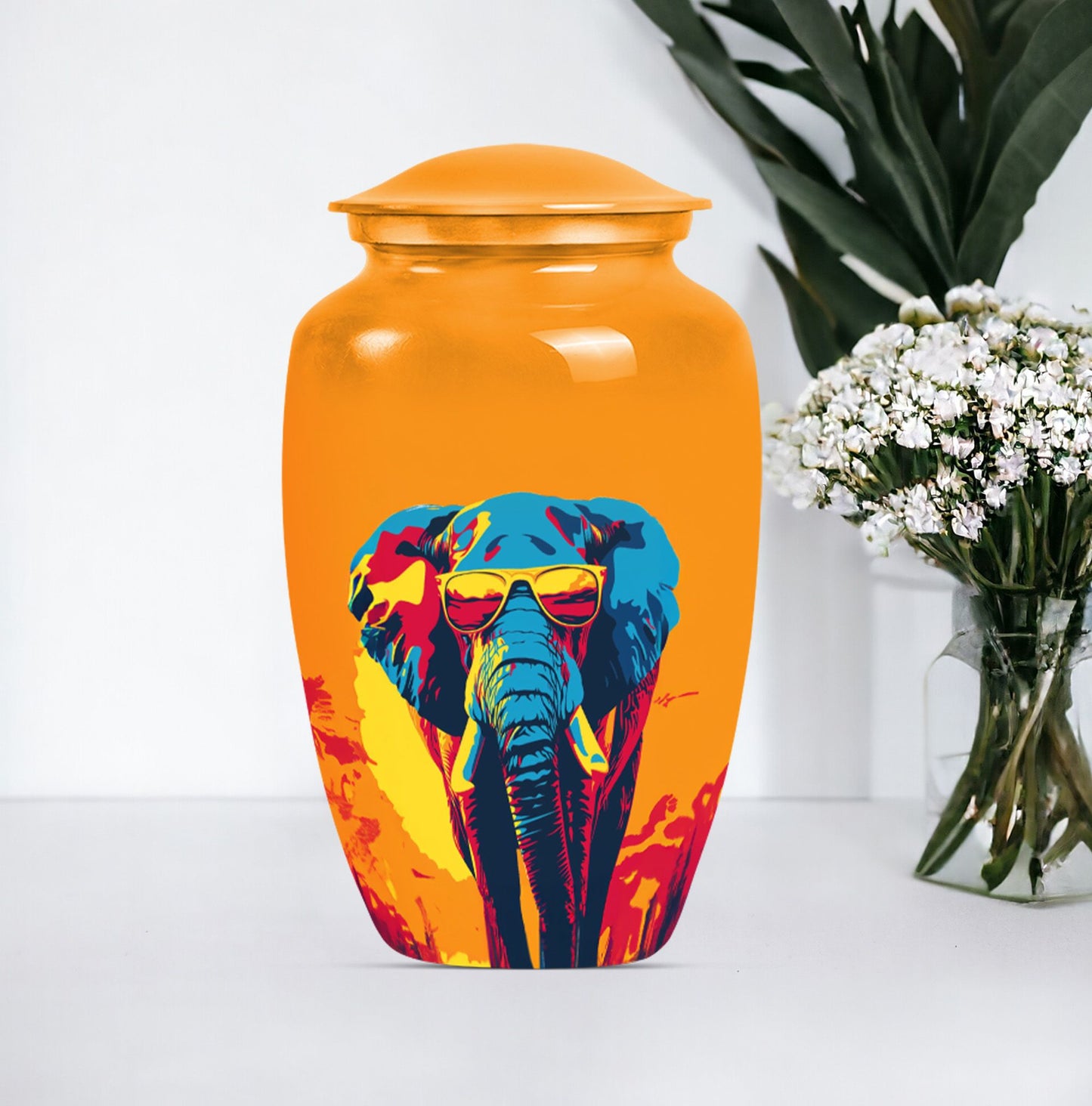 Elephant-themed memorial urn, classic 10 inch.