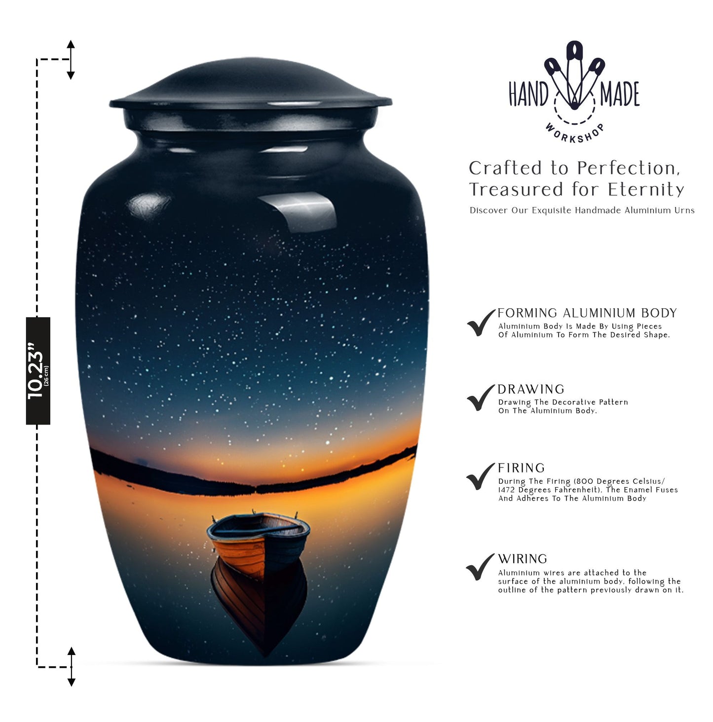 Classic 10-inch boat urn for cremation ashes.