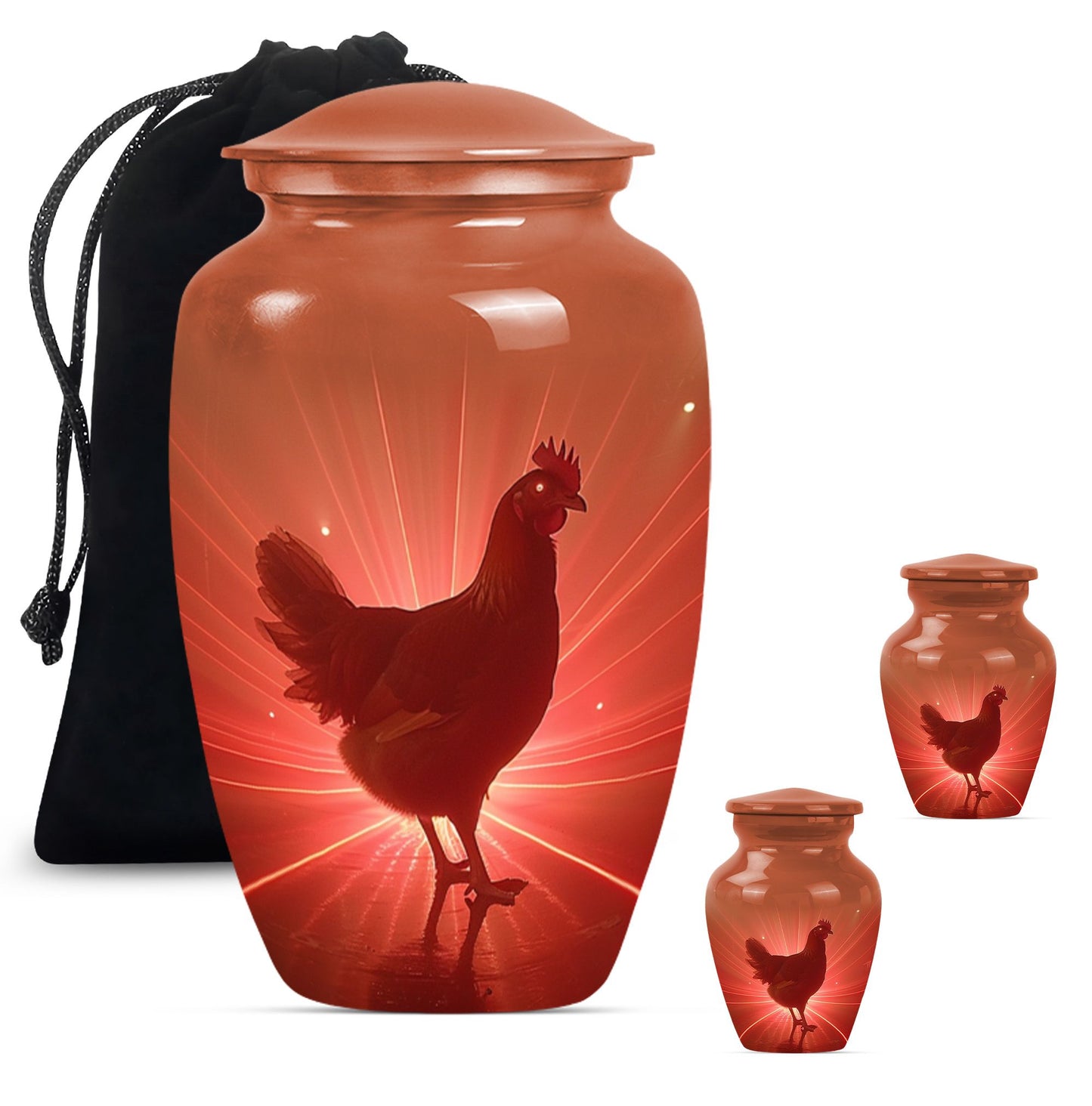 Chicken Theme Large Urn With 2 Keepsake Urn