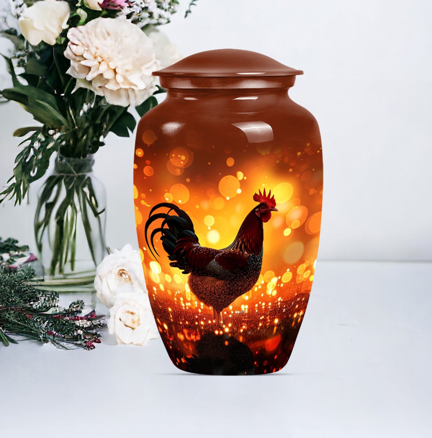 10-inch classic chicken memorial urn with floral theme .