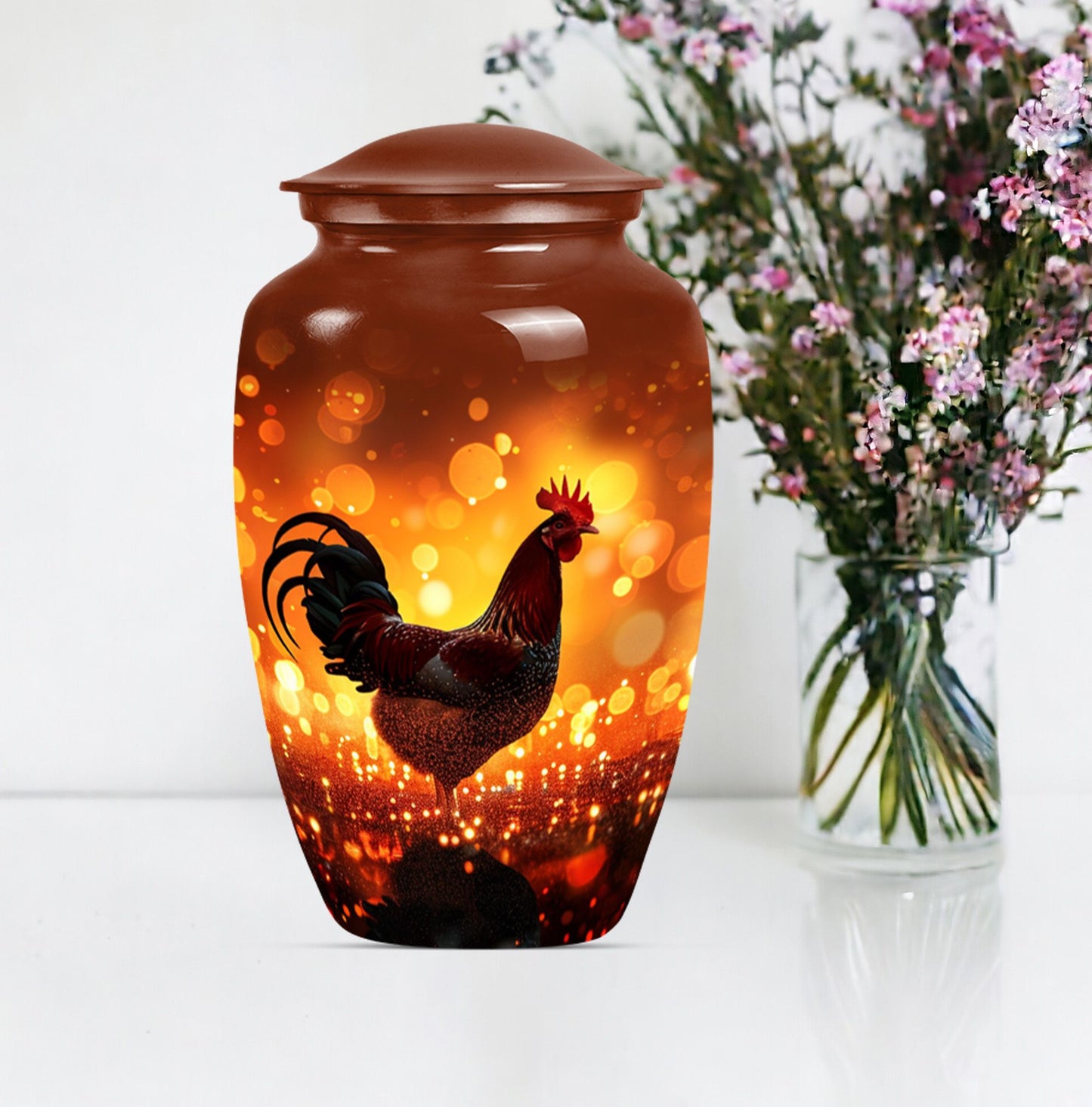 10-inch classic chicken memorial urn with floral theme .