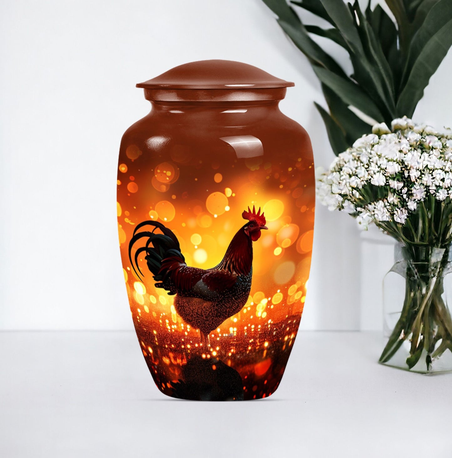 10-inch classic chicken memorial urn with floral theme .