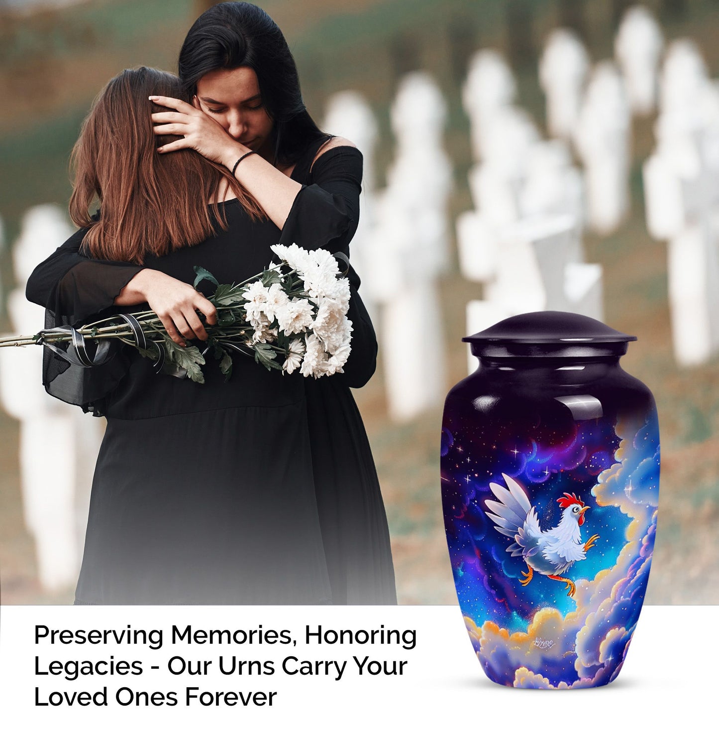 10-inch classic chicken urn for burial ashes.