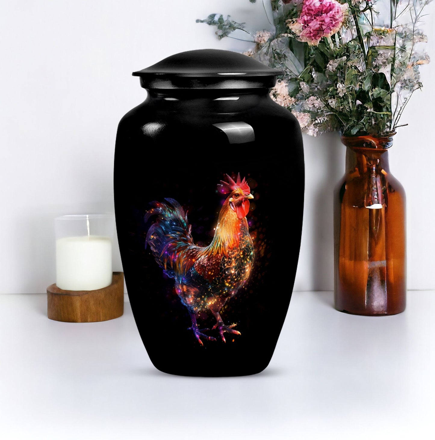 Classic floral themed 10-inch chicken Urn.