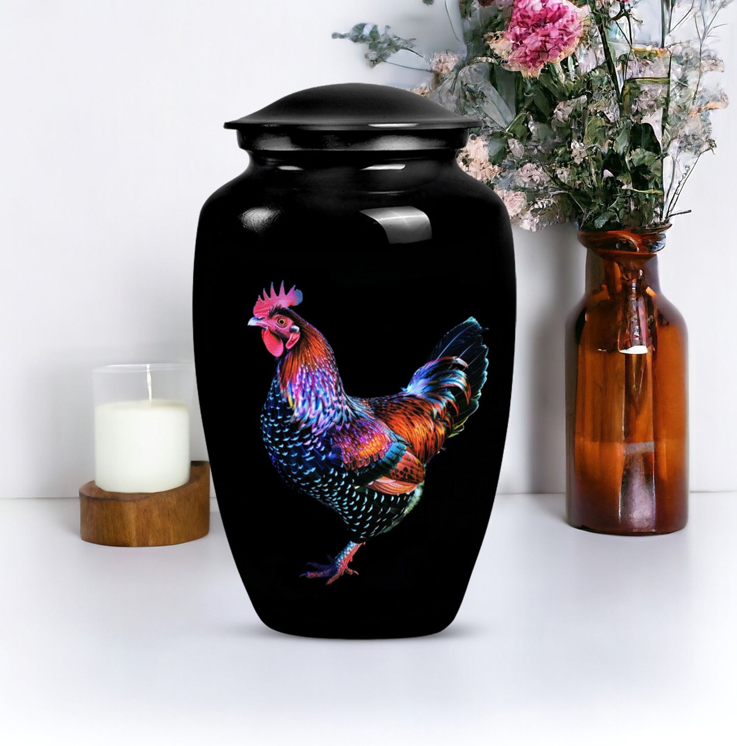 Classic 10-inch chicken-themed memorial urn.