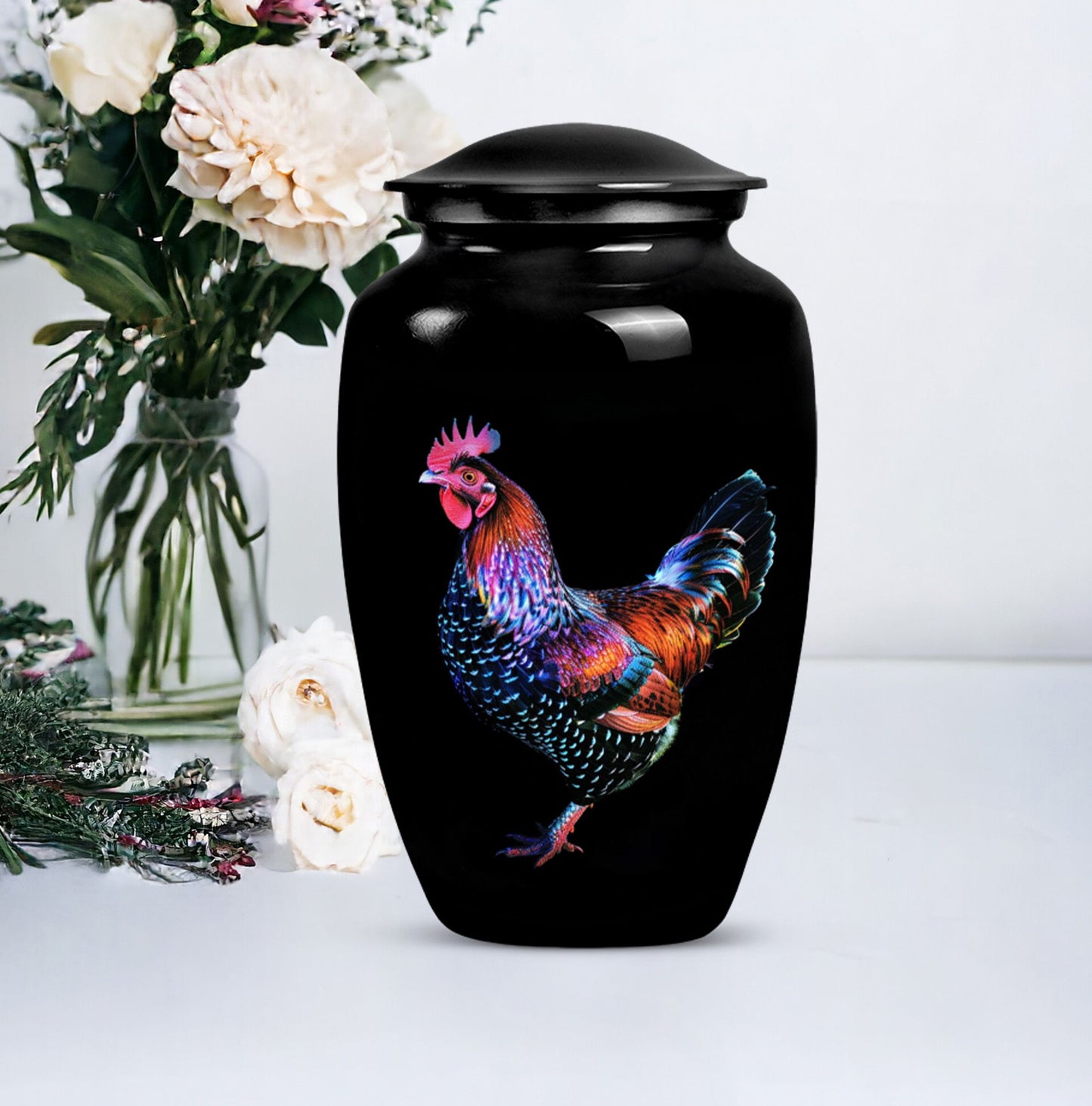 Classic 10-inch chicken-themed memorial urn.