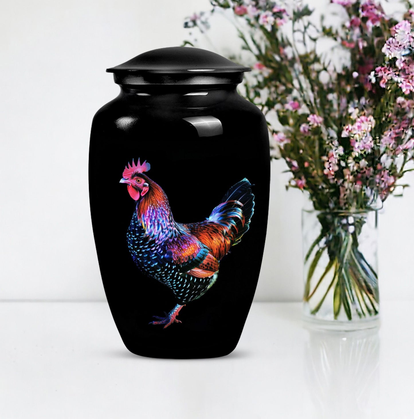 Classic 10-inch chicken-themed memorial urn.