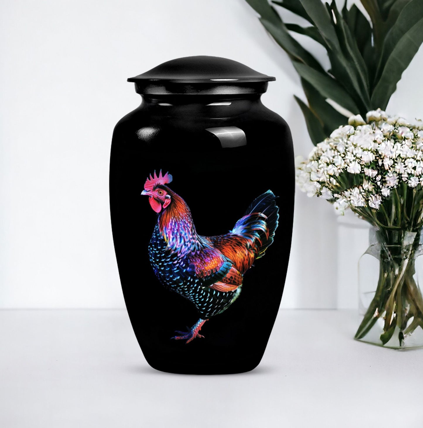 Classic 10-inch chicken-themed memorial urn.