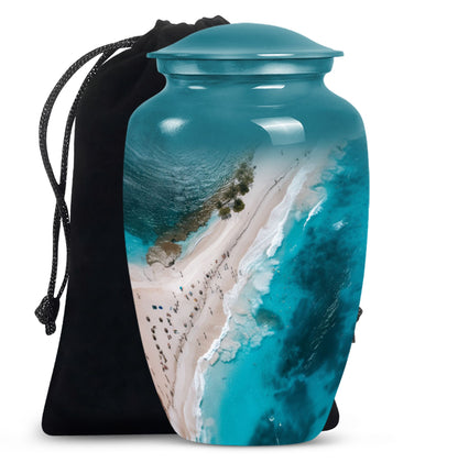 10-inch classic aluminium beach urn with floral theme.