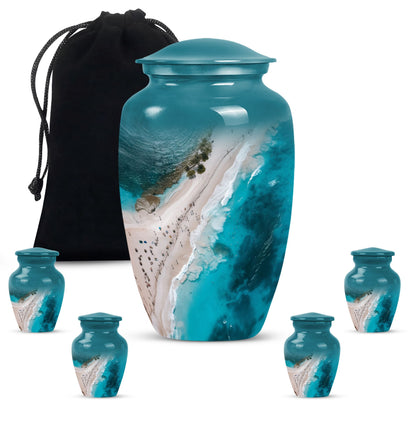 10-inch classic aluminium beach urn with floral theme.