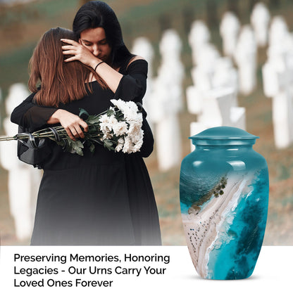 10-inch classic aluminium beach urn with floral theme.