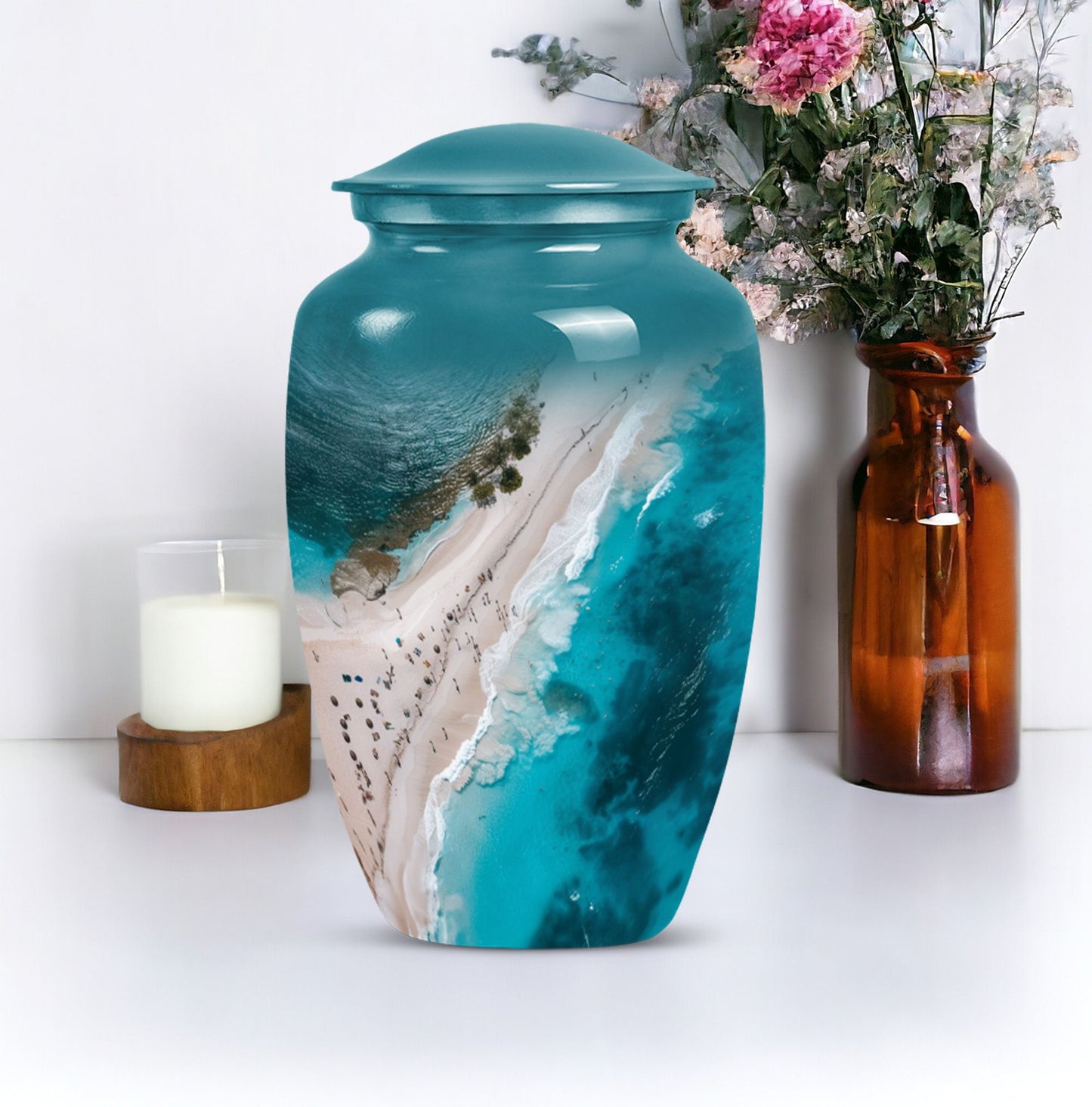 10-inch classic aluminium beach urn with floral theme.