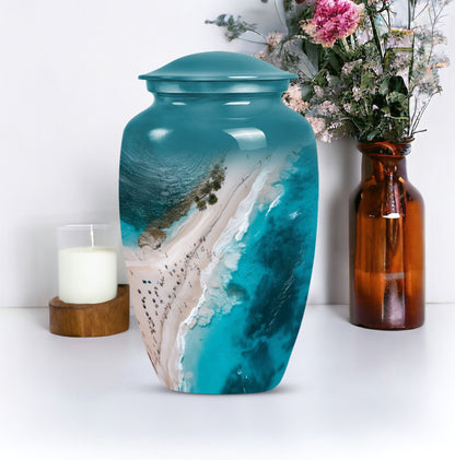 10-inch classic aluminium beach urn with floral theme.