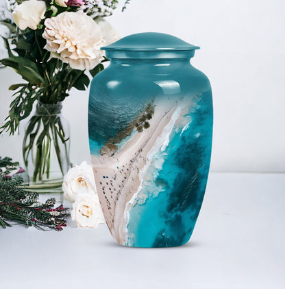 10-inch classic aluminium beach urn with floral theme.
