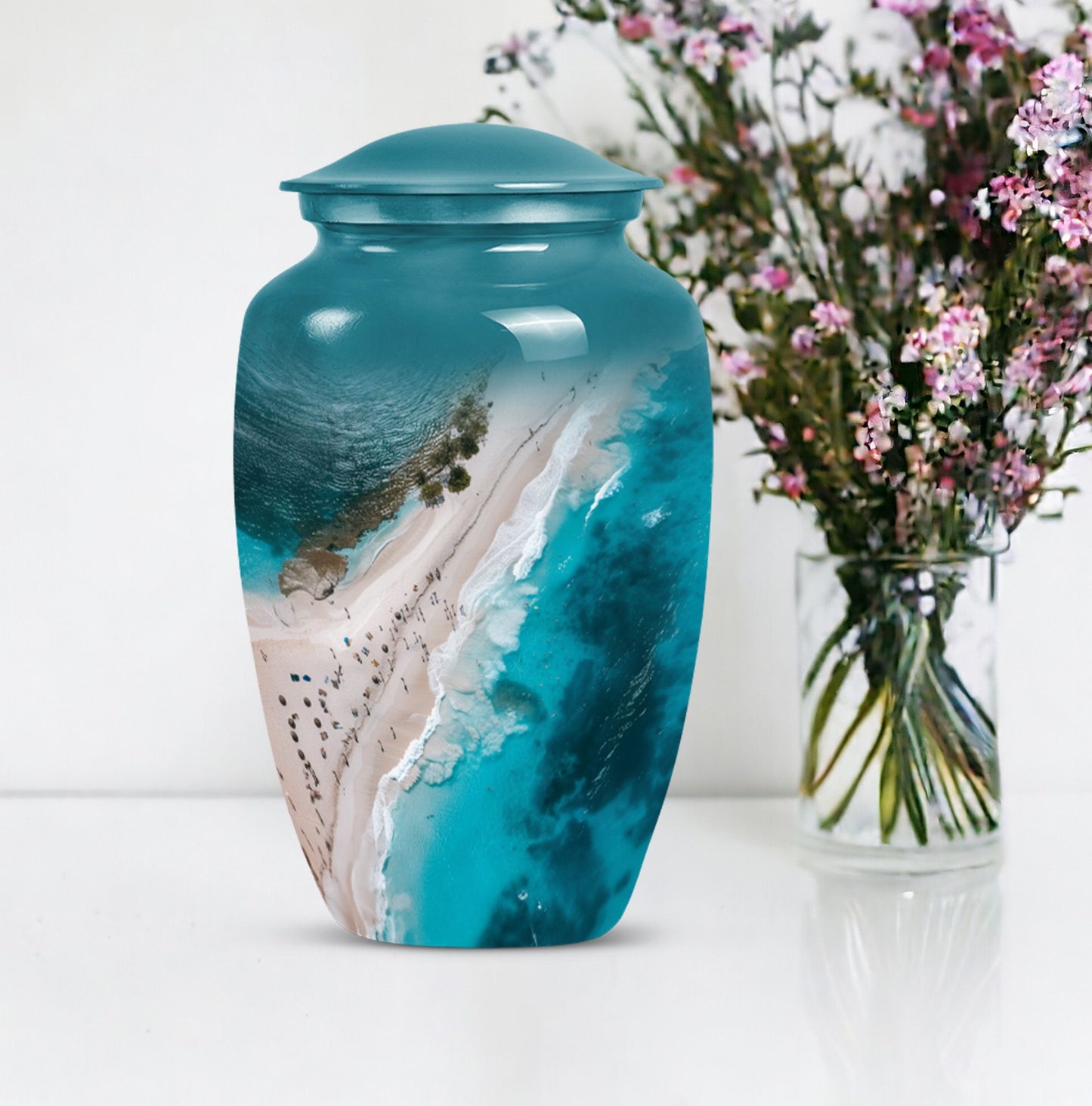 10-inch classic aluminium beach urn with floral theme.