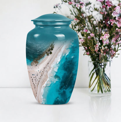 10-inch classic aluminium beach urn with floral theme.